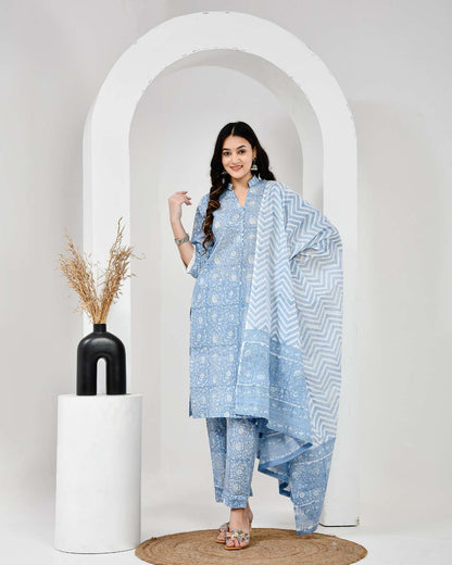 Gul Bahar Sky Blue Cotton Suit Set with Mulmul Dupatta