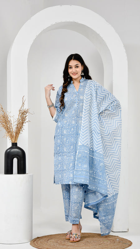 Gul Bahar Sky Blue Cotton Suit Set with Mulmul Dupatta
