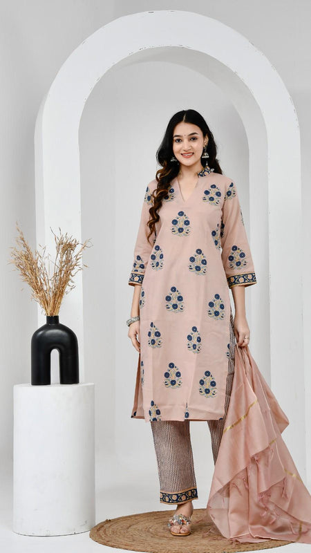 Chhaape Neela Coffee Cotton Suit Set with Chanderi Dupatta