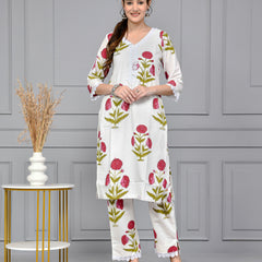 Noor White & Pink Block Print Floral Cotton Co-ord Set