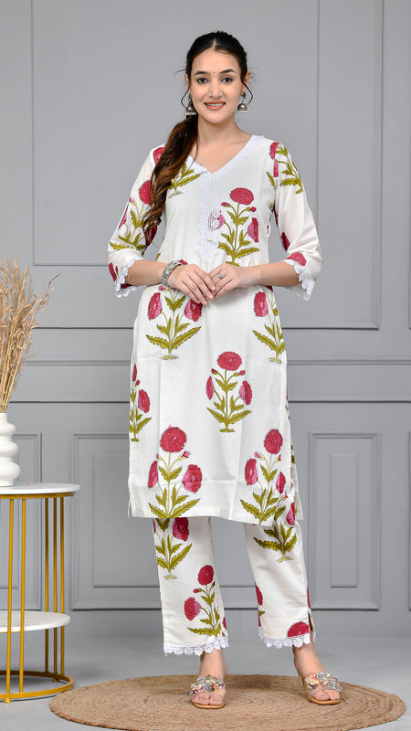 Noor White & Pink Block Print Floral Cotton Co-ord Set