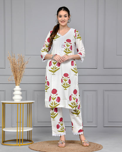 Noor White & Pink Block Print Floral Cotton Co-ord Set