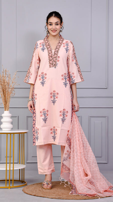 Neel Tara Blush Pink Cotton Suit Set With Kota Doriya Dupatta