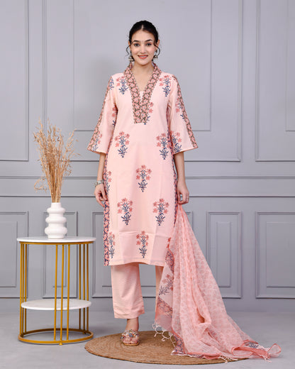 Neel Tara Blush Pink Cotton Suit Set With Kota Doriya Dupatta