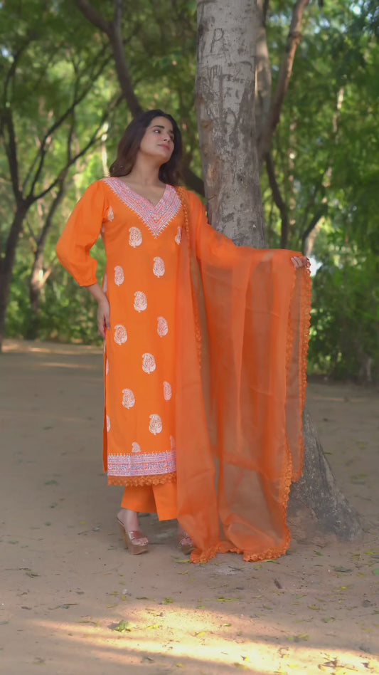 Tara – Marigold Glow Handblock Khari Printed Cotton Suit Set with Organza Dupatta