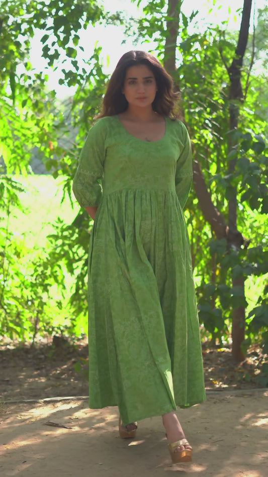 Niharika Pure Cotton Handblock Khari Print Green Dress