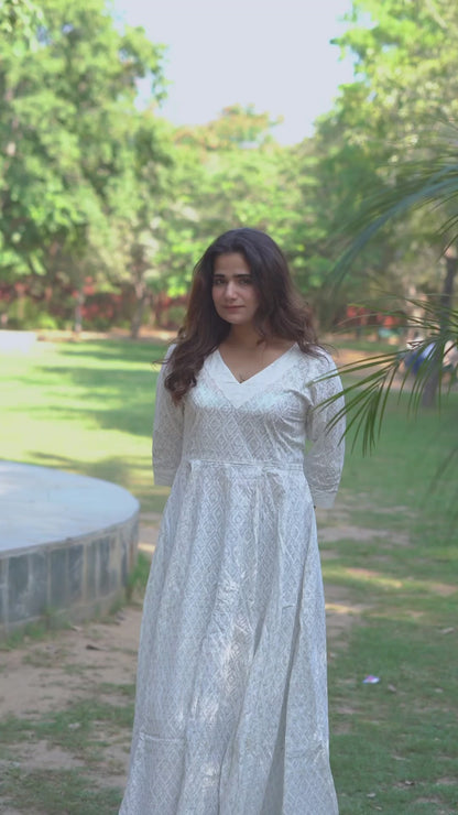 Noor Khari Handblock Pure Cotton Anarkali Dress for Women | Elegant White Flared Dress