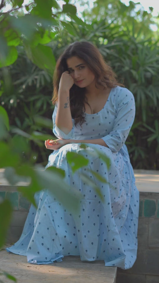 NeelKriti – Pure Cotton Handblock Khari Print Long Flared Dress | Ethnic Casual Wear for Women