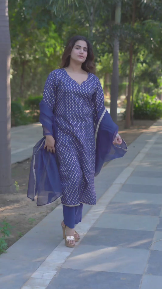 Aaravi – Midnight Gold Handblock Printed Cotton Suit Set with Organza Dupatta