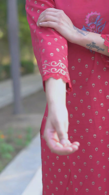 Ruhani Ruby Pure Cotton Hand Block Gold Print Co-ord Set