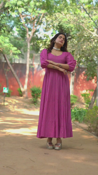 Aasha Pure Cotton Handblock Gold Print Long Dress – Ethnic Flared Dress