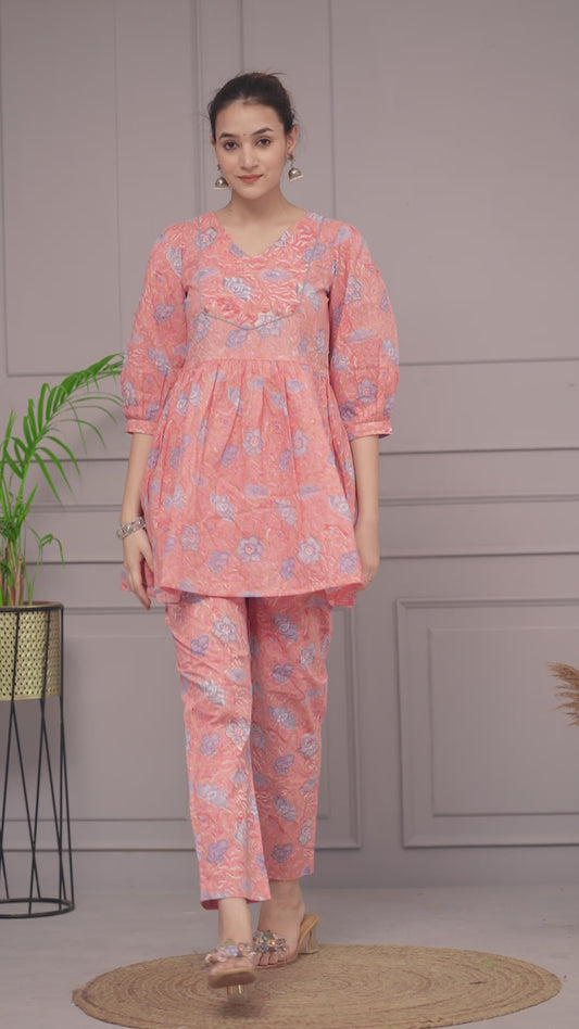 Handblock Printed Short Kurta Pant Set – Peach Floral | Cotton Peplum Top Co-ord | Ethnic Summer Wear for Women (XS–5XL)