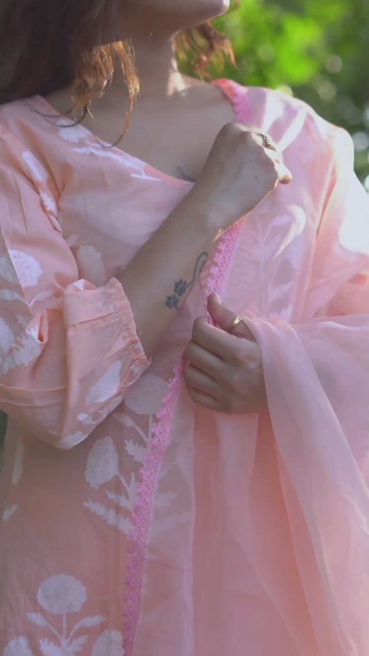 Anaira – Blush Bloom Handblock Khari Printed Cotton Suit Set with Organza Dupatta