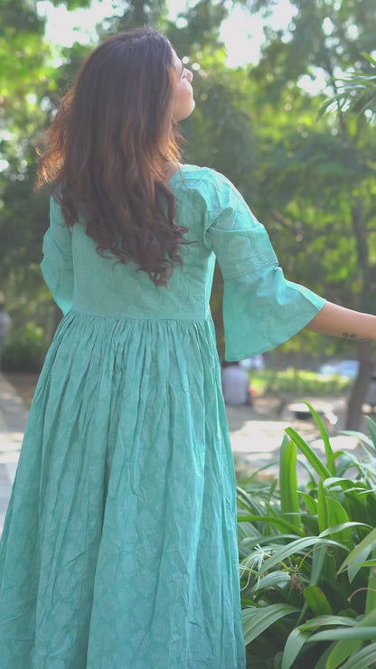 Aarini – Aqua Bloom Handblock Khari Printed Cotton Dress
